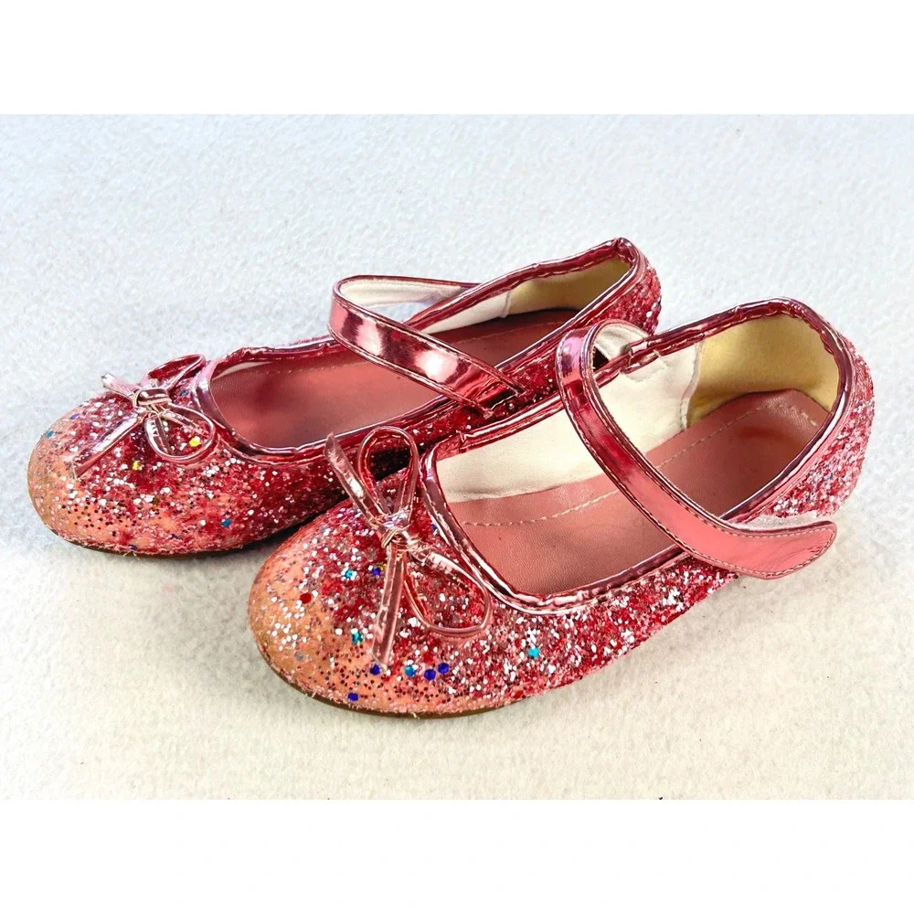 Jiaduowang Girls Pink Glitter Mary Jane Flats Bow Dress Shoes Size‎ 28 US 11